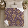 thumbnail image 5 of Gold Floral Damask on Purple Field, Elegant Vintage Style for Pattern Lovers, Ornate Baroque Floral Pattern and Housewarming Gift, Cozy Flannel Blanket for Bedroom and Guest Room, Home Decor, 5 of 9