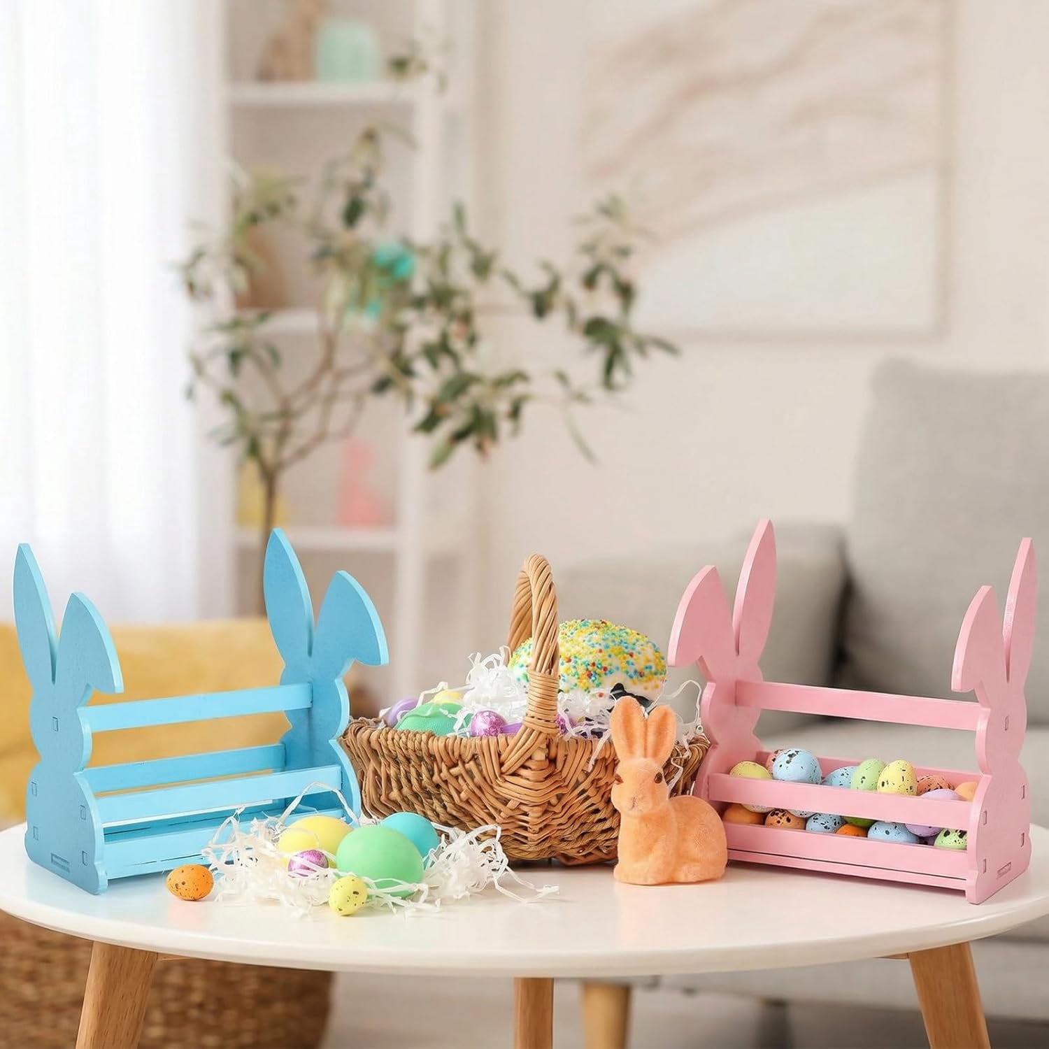 2 Pcs Wood Bunny Easter Baskets with Handle, Cute Easter Rabbit Candy Eggs Basket Empty Hunt Container Storage for Gifts, Pink and Blue