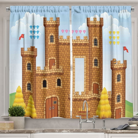 Children Curtains 2 Panels Set, Video Game Background with Castle Leisure Hobby Activity Kids Youth Design, Window Drapes for Living Room Bedroom, 55W X 39L Inches, Pale Caramel Blue, by Ambesonne