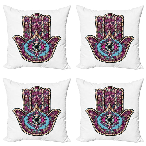 Ambesonne Hamsa Throw Pillow Cover 4 Pack, Doodle Swirls Evil Eye, 20", Magenta Aqua Peach
