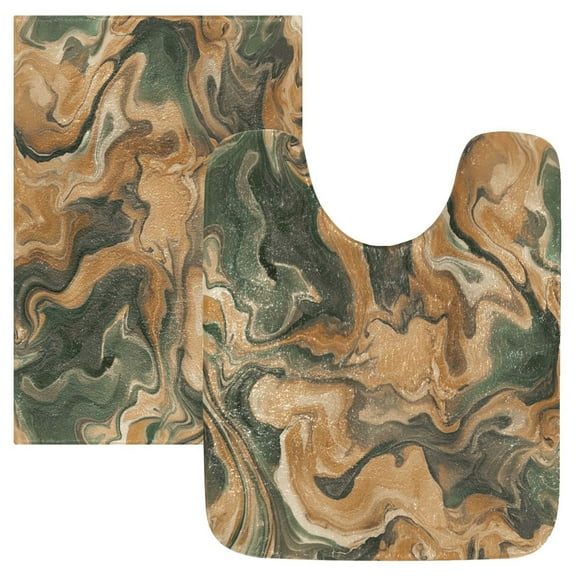 2 Piece Soft Bathroom Rug Set Brown and Green Swirl Bath Mat and U-Shaped Toilet Contour Rug (16"x24" 20"x24")
