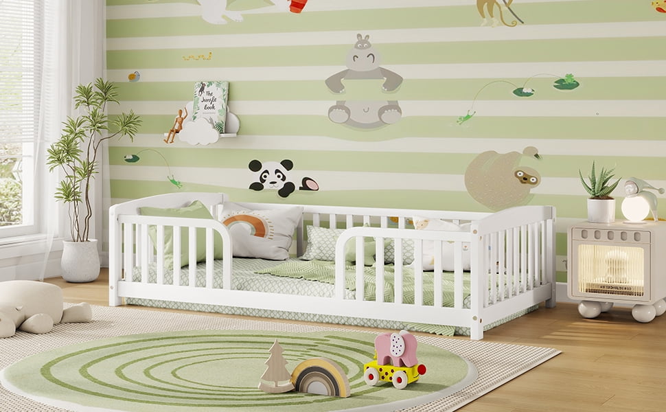 Mintazer Twin Size Toddler Floor Bed with Guardrails & Central Entrance, White