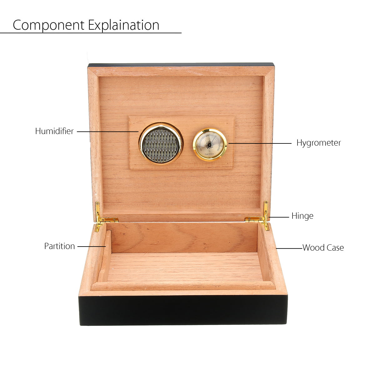 Black Cedar Wood Lined Cigar Storage Case Box + Humidor Humidifier  Hygrometer for 20-25 Cigars Holder