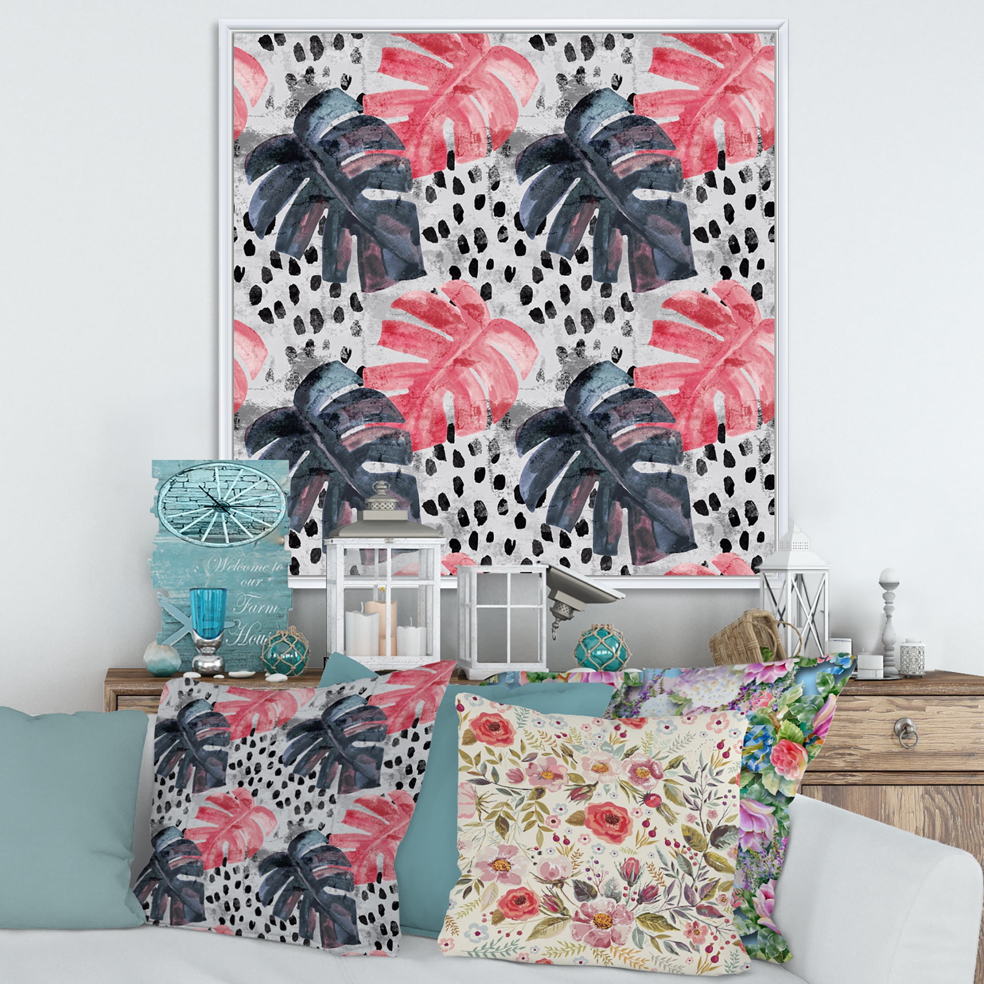 Designart 'Black and Red Monstera On Rough Brush Strokes I' Tropical Framed Canvas Wall Art Print