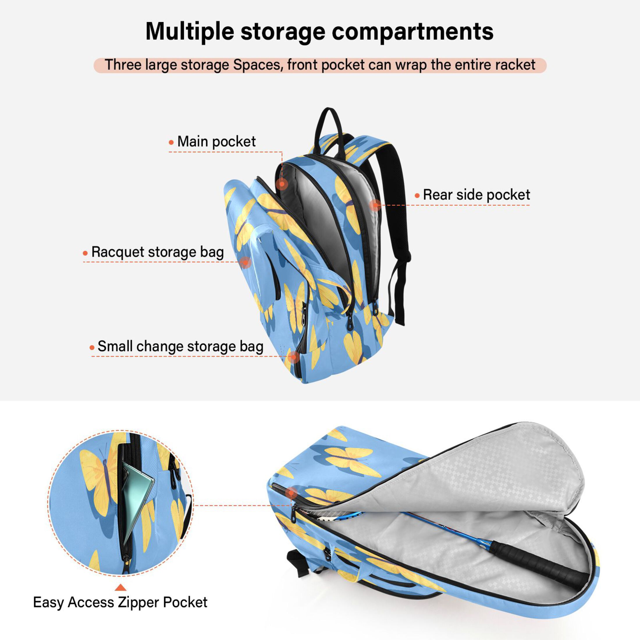 2 Racquet Holder Tennis Backpack Tennis Racket Covers Gym Bags Yellow Butterflies