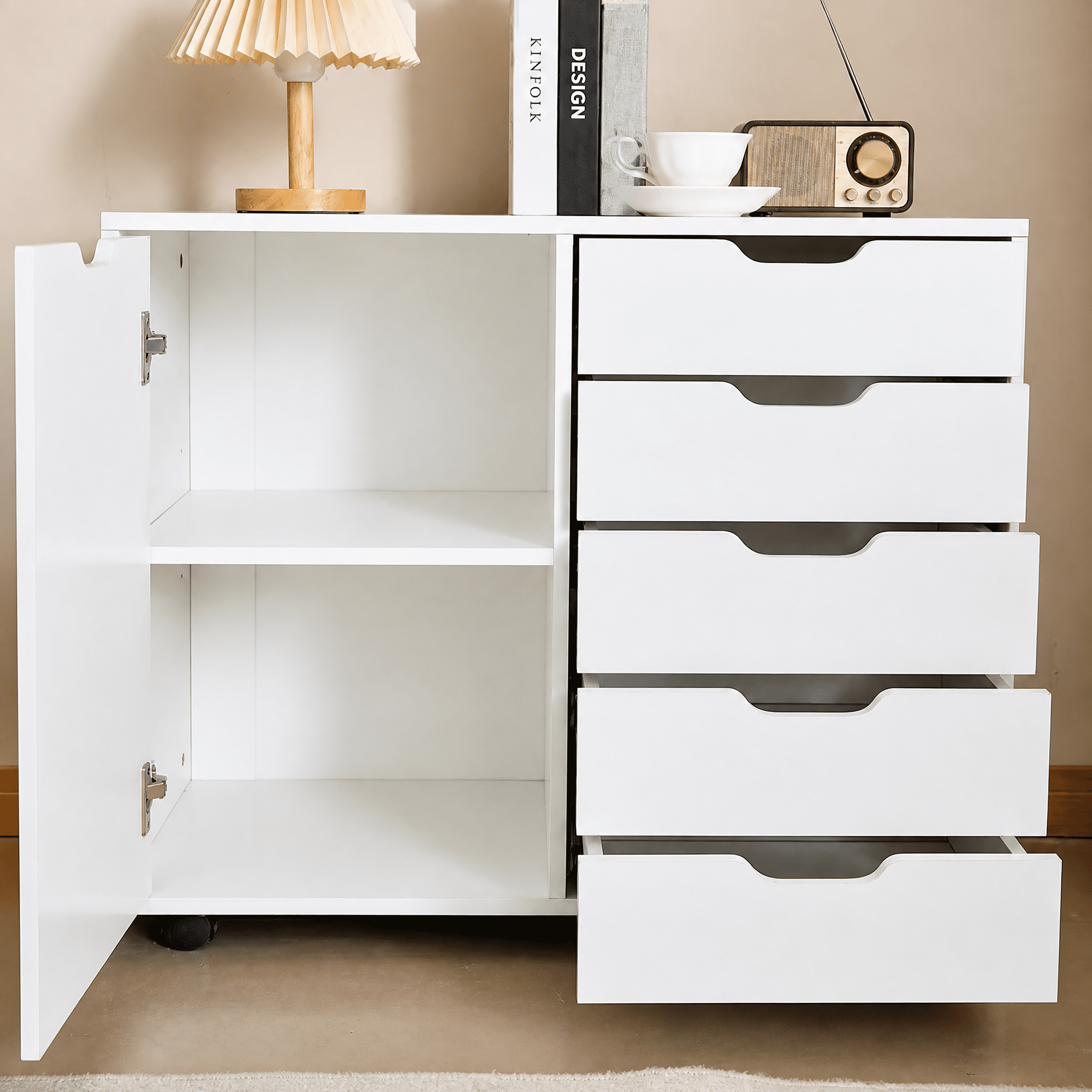 Mobile Printer Stand Storage Cabinet with 5 Drawers & Enclosed Cabinet, Rolling Wheeled Chest of Drawers for Home Office Living Room, Max Load 100lbs