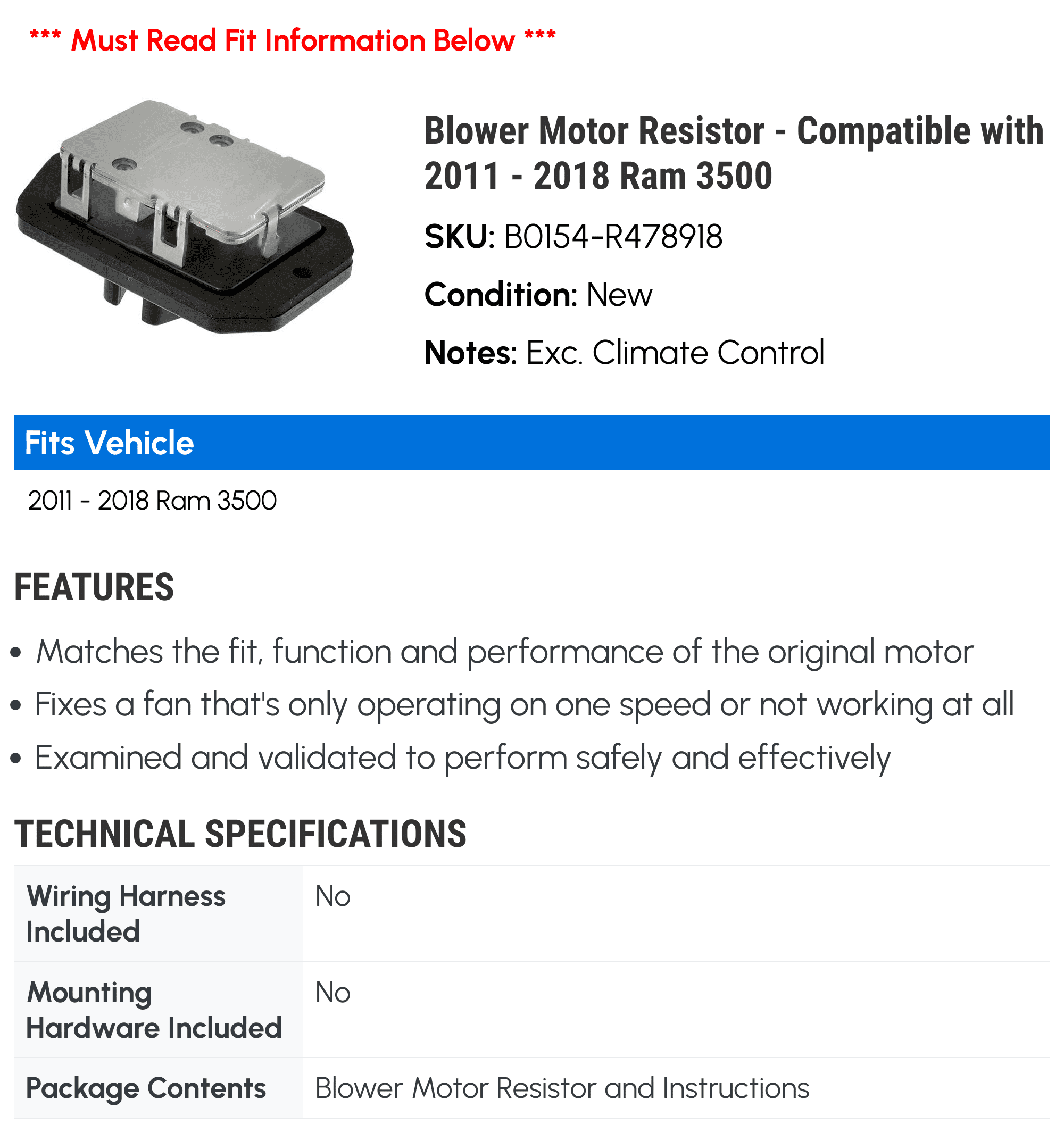 Blower Motor Resistor - Compatible with 2011 - 2018 Ram 3500 - Dorman