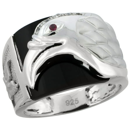 Silver Onyx Eagle Man Ring - Mens Sterling Silver Cubic Zirconia Black Onyx American Eagle Ring 5/8 inch wide