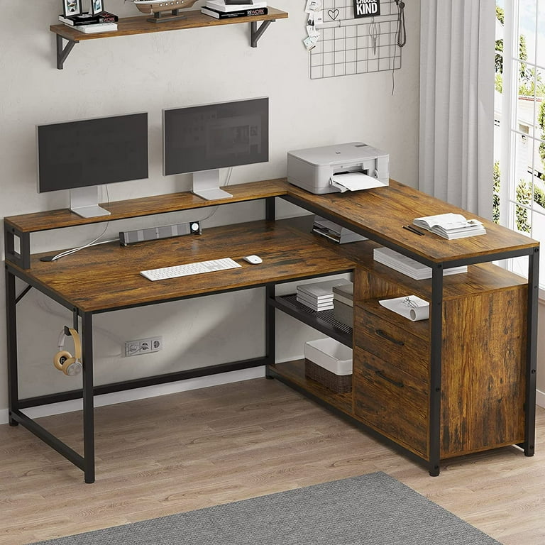 L Shaped Computer Desk with Drawers, Legal/Letter/A4 File Drawers, 59''  Corner Desk with Monitor Shelf &Hook,Home Office Desks for Printer, Rustic  Brown 