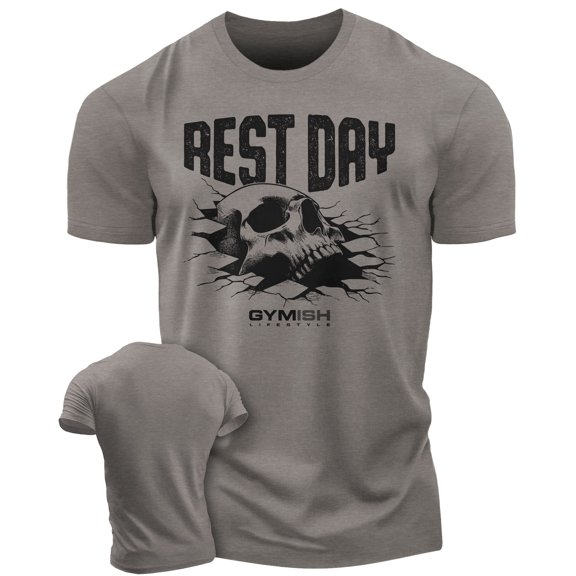Gymish Rest Day Workout T-Shirt for Men – Funny Gym Shirt, Lifting Tee, Deadlift Shirt, Warm Grey, Small