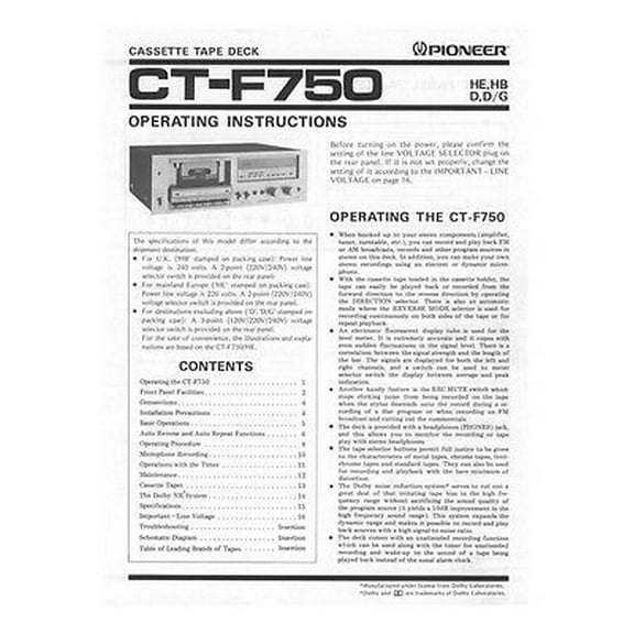 Instruction Manual ONLY for Pioneer CTF-750 Cassette Player Owners Manual REPRINT