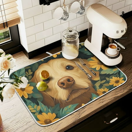 

Yayeee Drying Mat for Kitchen Counter Dishes Microfiber Coffee Decorative Pad Flowers and Dog