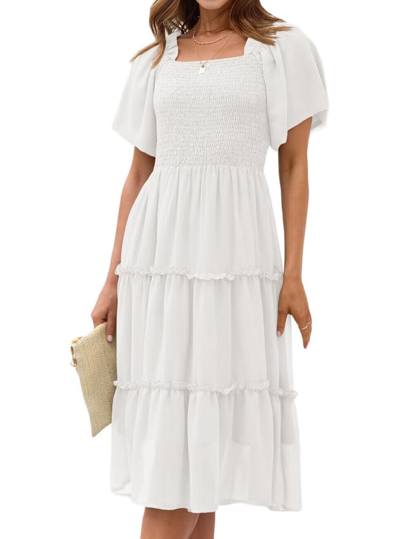 Women'S Summer Casual Flutter Sleeve Square Neck Smocked Midi Dress White XL