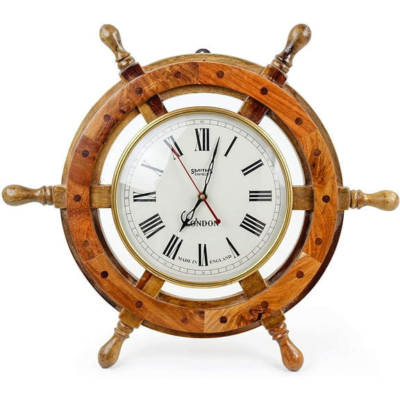 18" Nautical Ship Wheel with 8" Quartz Clock | Pirate's Home Decor Hanging Stuff | Coastal Beach Themed Wall Hanging Accessory | Retired Naval Officer Maritime Gift