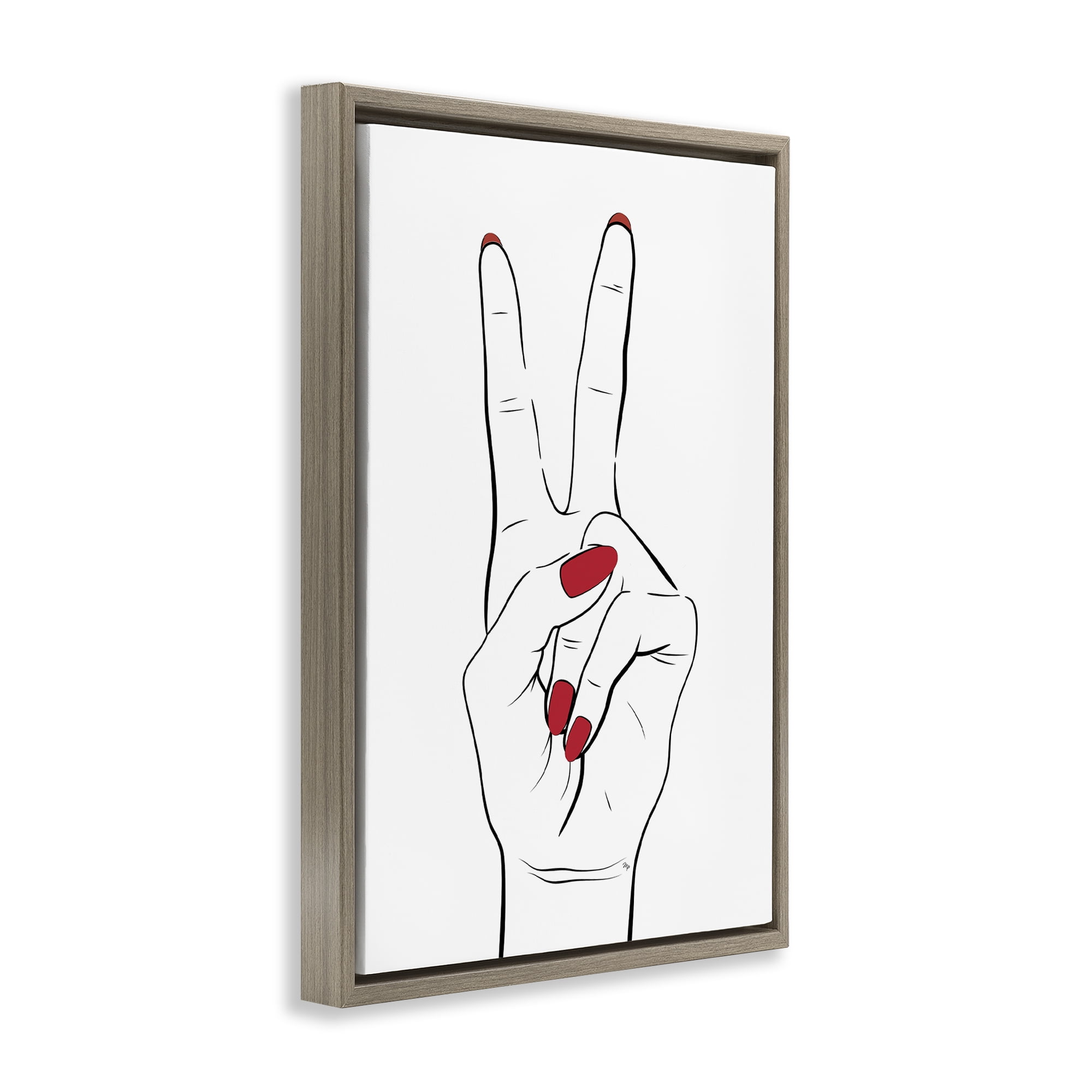 Stupell Industries Victory Peace Sign Hand Fashion Painting Brown Floater Framed Canvas Art Print Wall Art, 17 x 25