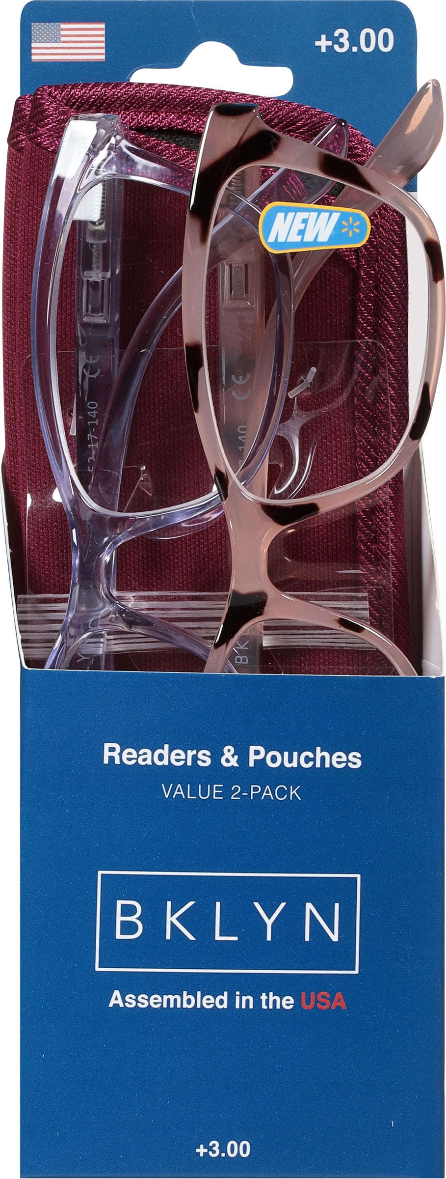 (2 pack) Bklyn, Marcy +3.00, Adult, Womens, Plastic Reading Glasses & Pouches Value Pack , 2 Ea