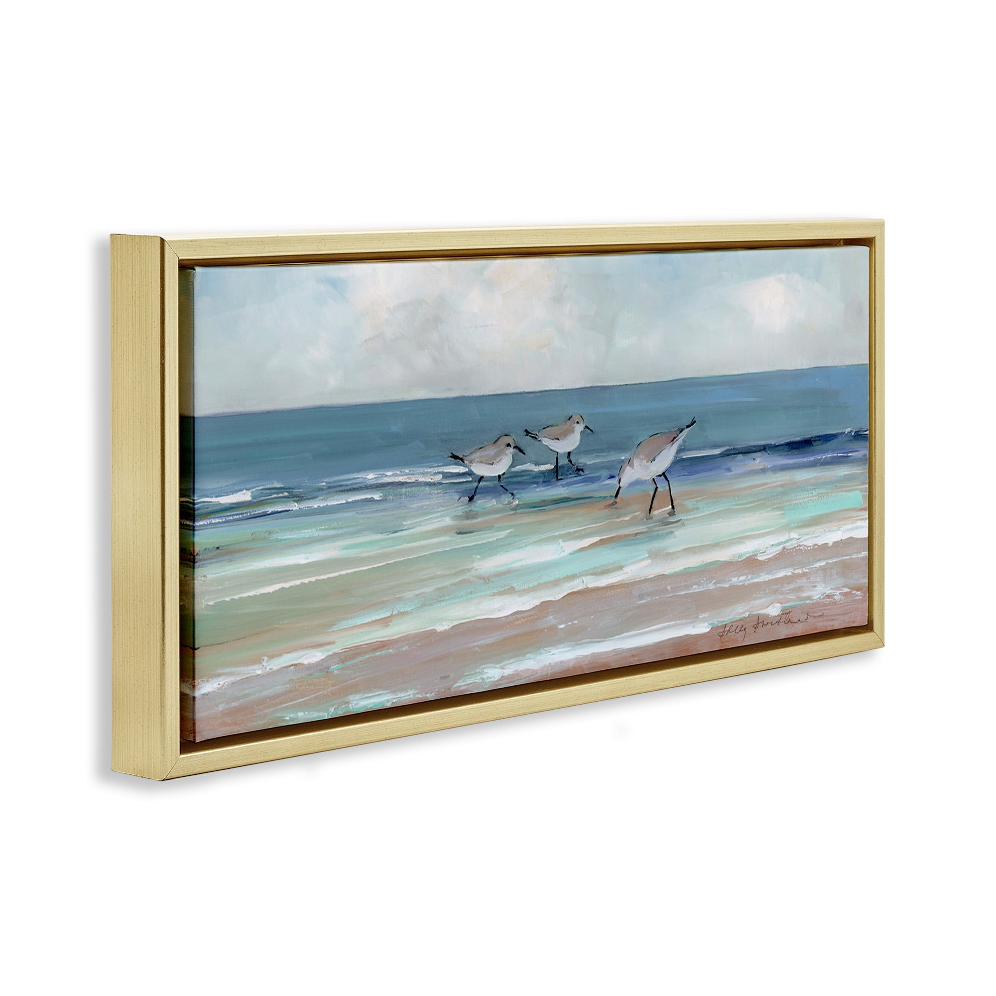 Stupell Industries Panoramic Sandpipers on Shoreline Nature Painting Gold Floater Framed Canvas Art Print Wall Art, 25 x 11