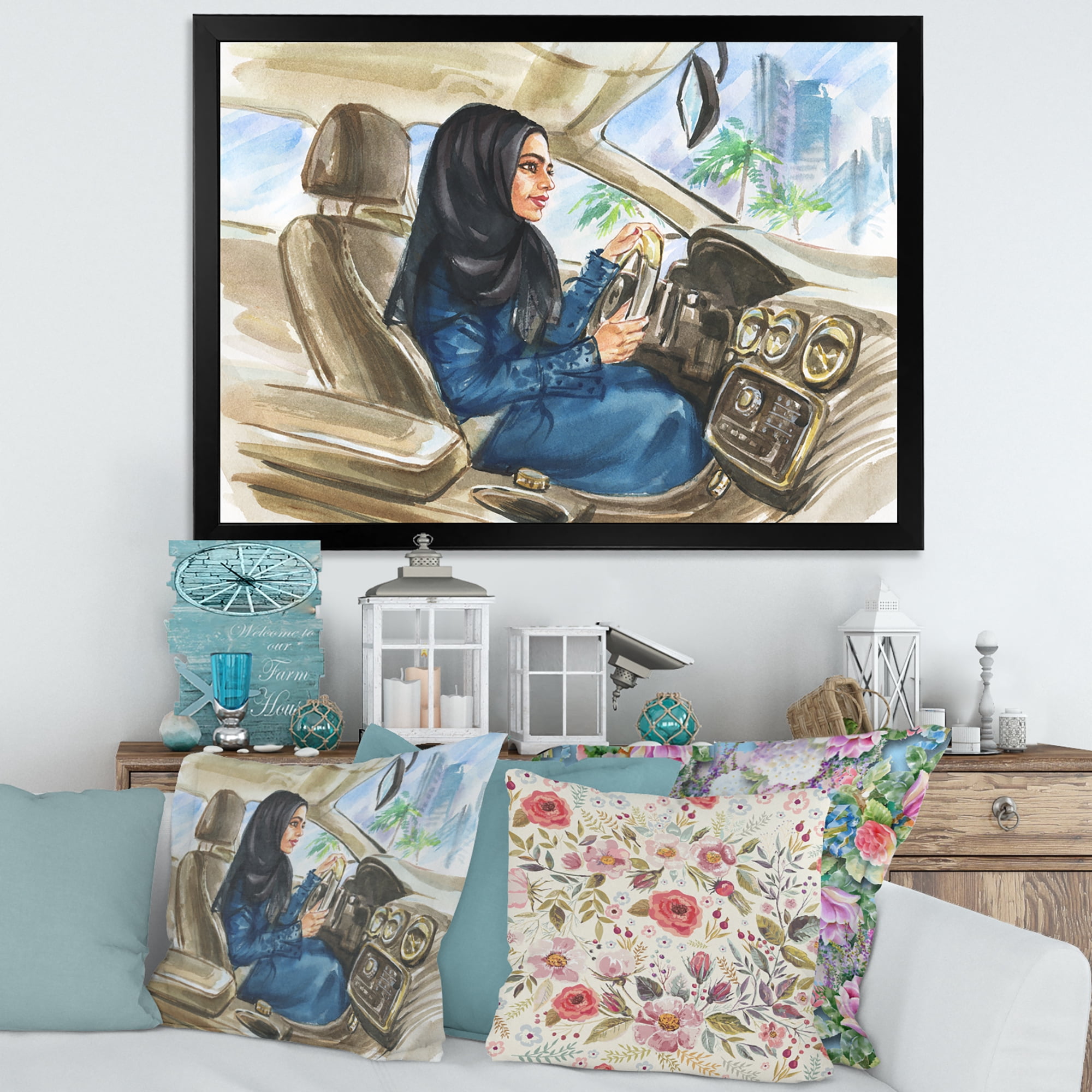 Designart 'Arabian Lady Driving A Car I' Modern Framed Art Print