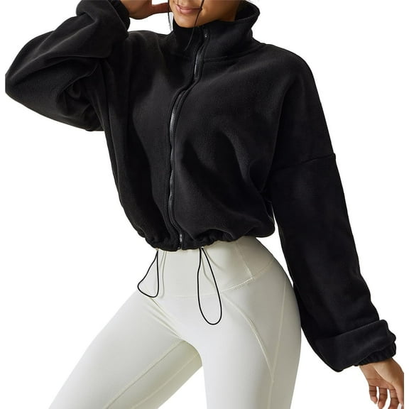 YooGuoGuo Polar Fleece Jackets for Women Full Zip Oversized Sherpa Crop Coat Lightweight Stand Collar Drawstring Sweatshirts