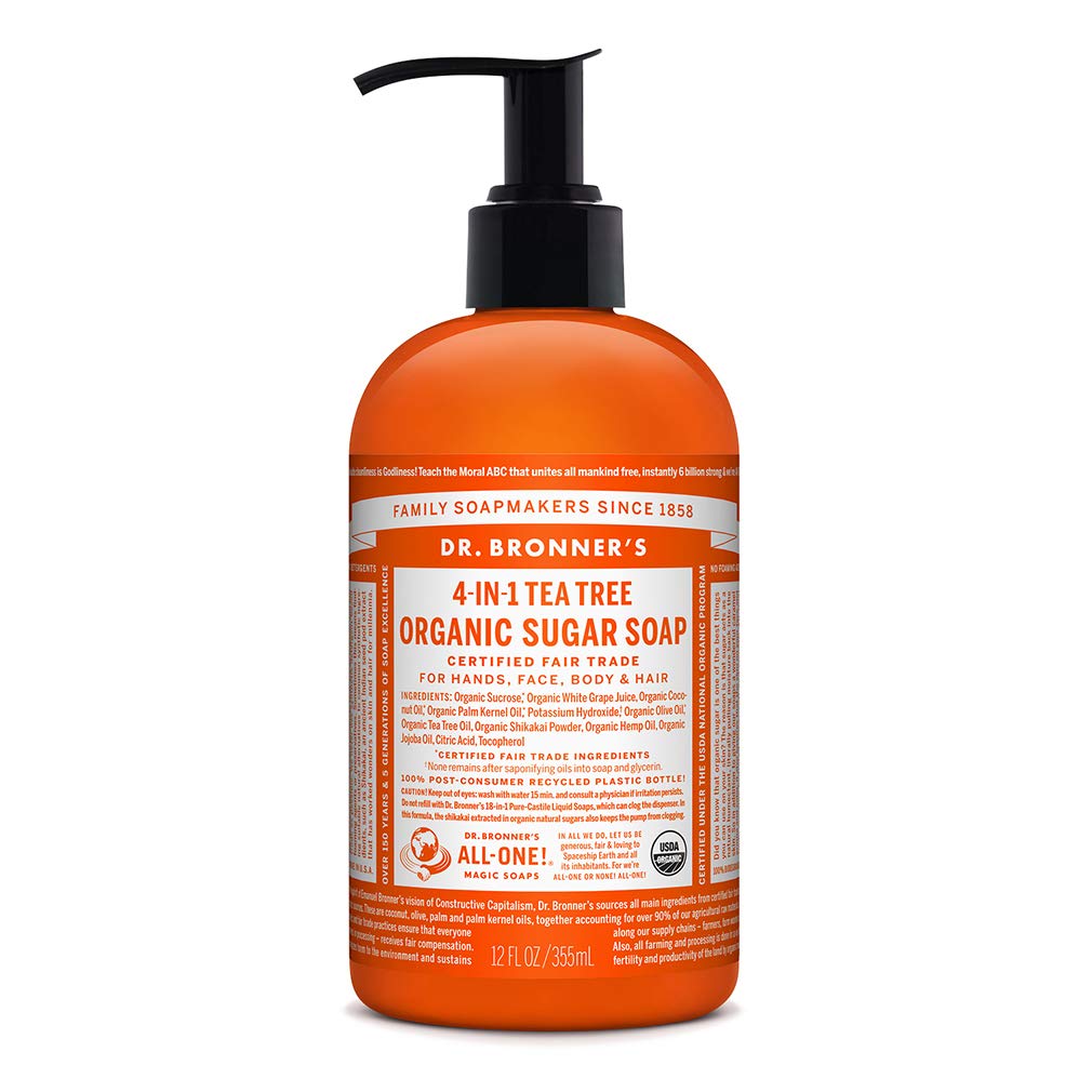 Dr. Bronner’s - Organic Sugar Soap (Tea Tree, 12 Ounce) - Made with Organic Oils, Sugar and Shikakai Powder, 4-in-1 Uses: Hands, Body, Face and Hair, Cleanses, Moisturizes and Nourishes, Vegan