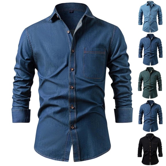 Mens Jackets Casual Stylish Denim Shirt Cotton Comfortable Jacket Solid Color Long Sleeved Lapel Collar Button Jacket with Pockets Business Casual Outsuit