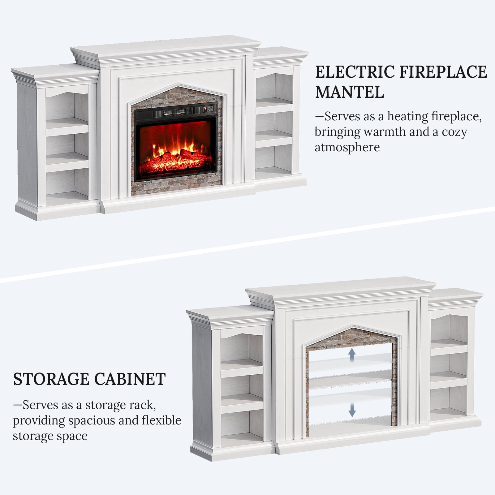 LGHM 80" Fireplace TV Stand with Storage & Bookshelves, Electric Fireplace with Mantel, Farmhouse Entertainment Center for TVs up to 90", White