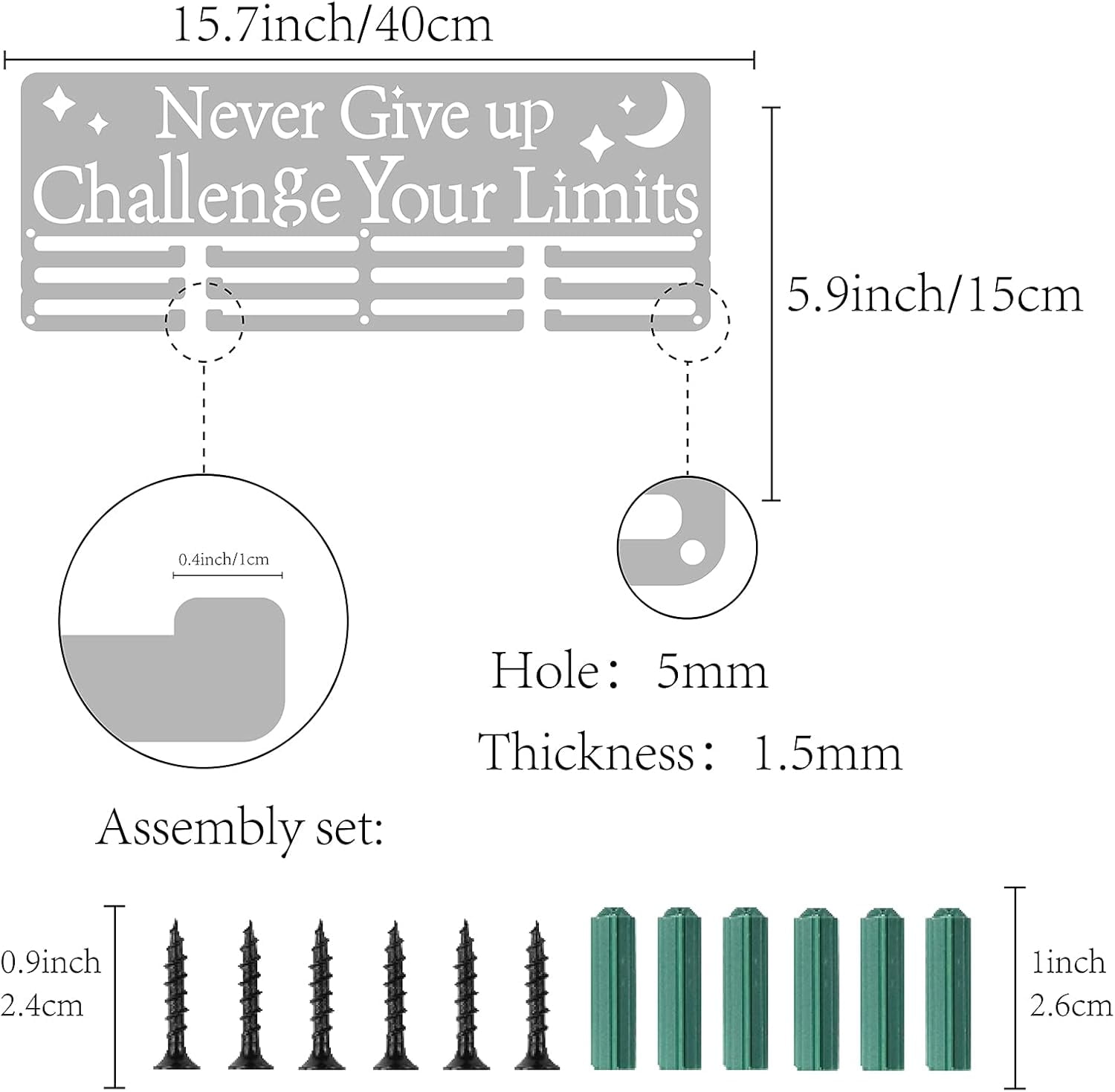 Medal Holder Display Hanger Rack Sports Awards Metal Wall Mounted Never Give Up Challenge Your Limits for Athletes Champions Players Gymnastics Over 60 Medals Platinum 15.7 x 5.9inch Platinum