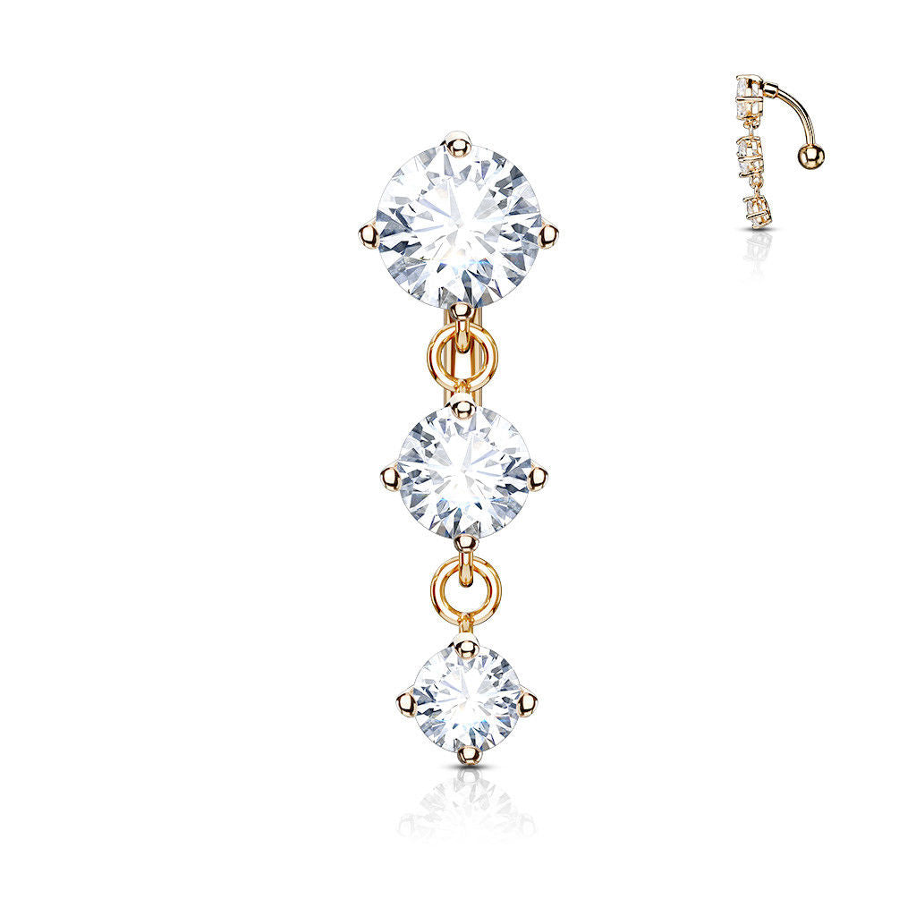 Belly Button Ring Reverse Design with Three Prong Set Round CZ Vertical