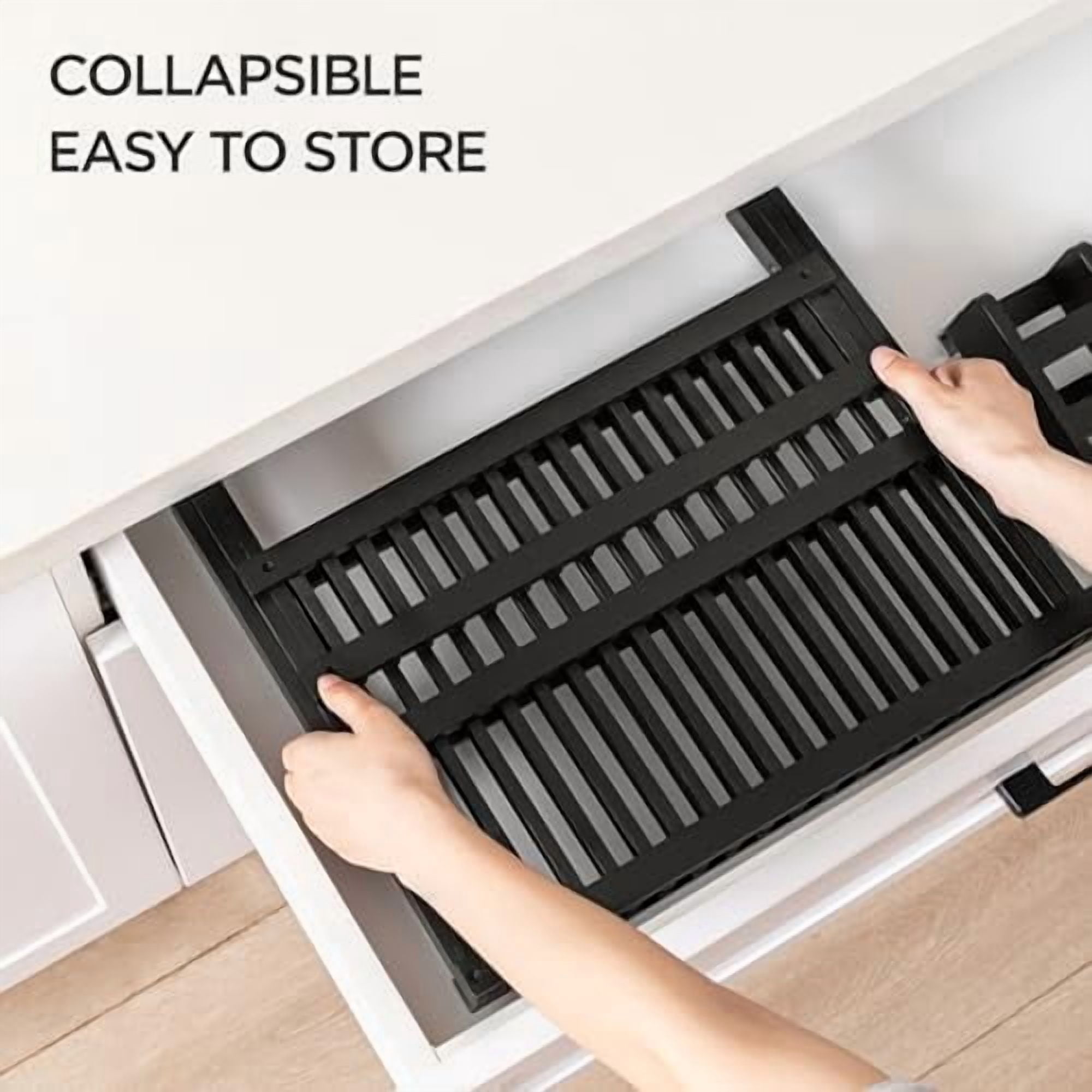 Dish Rack, Black Bamboo Folding 2-Tier Collapsible Drainer Dish Drying Rack with Utensils Flatware Holder Set (Dish Rack with Utensil Holder)