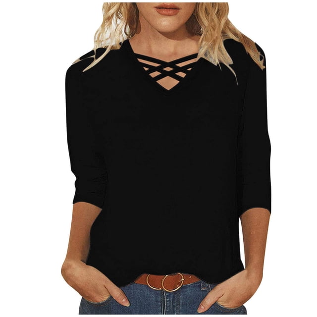 Timegard Hauts Grande Taille pour Femmes Col en V Manches 3/4 T-Shirts Confortables Couleur Unie Top Décontracté Automne