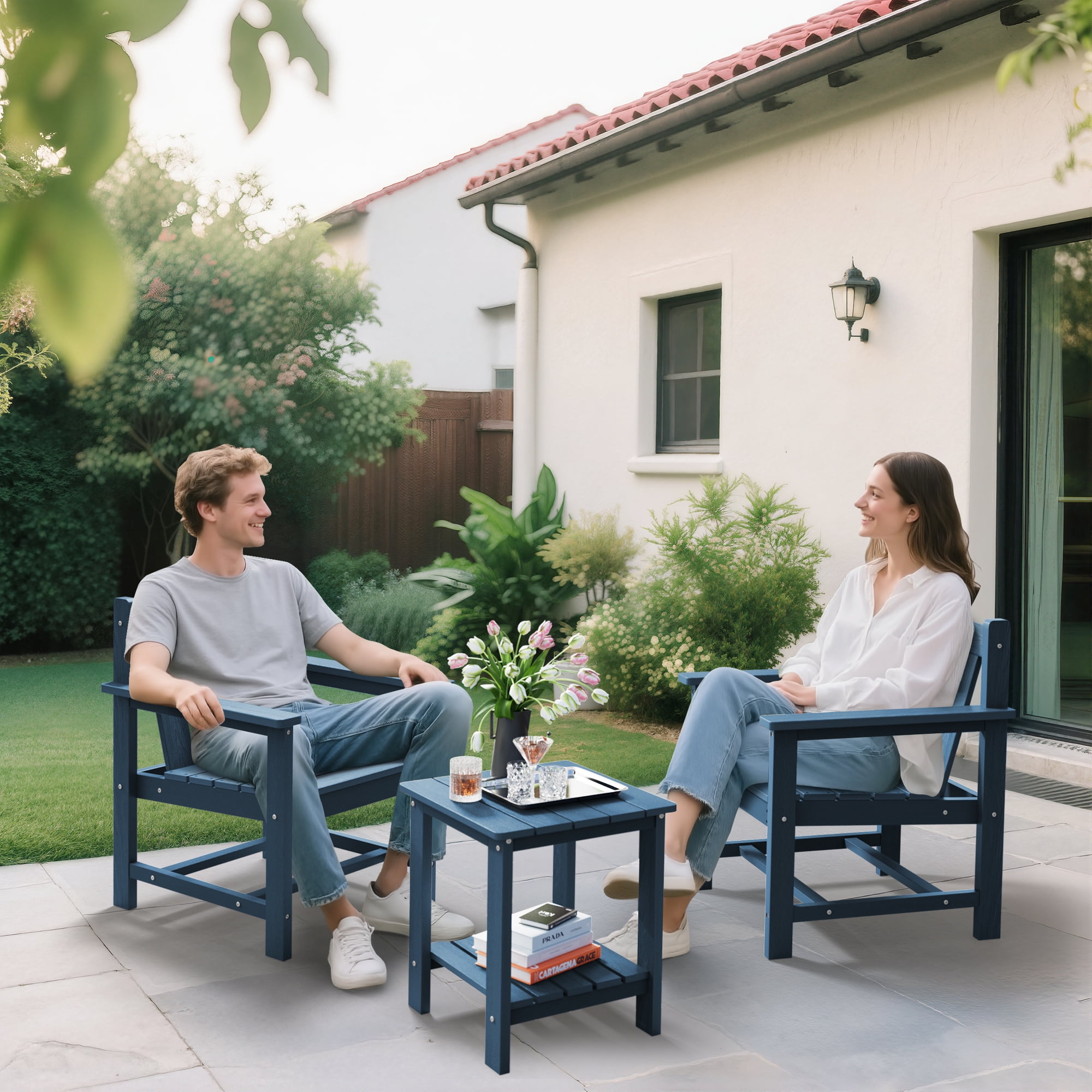 SERWALL 3 Piece Patio Furniture Set,HDPE Outdoor Bistro Set with Coffee Table and Chair for the Patio,Navy