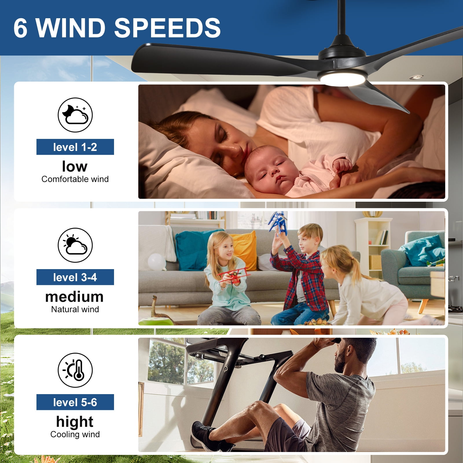 52-Inch Black Ceiling Fan with Light : Indoor/Outdoor Use Hanging Fan, Remote Control, High Efficiency with Quiet DC Motor, Timer Function