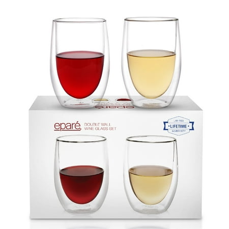 

Epare Wine Glasses - Set of 2 - Insulated Double-Walled Glassware - Stemless Drinking Glass - Red & White Wine Tumblers