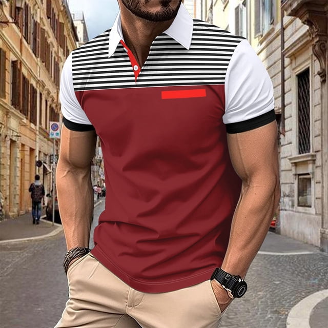 Blusa y camisa de manga corta con cuello vuelto para hombre, estilo casual, con solapa y botones, de poliéster.