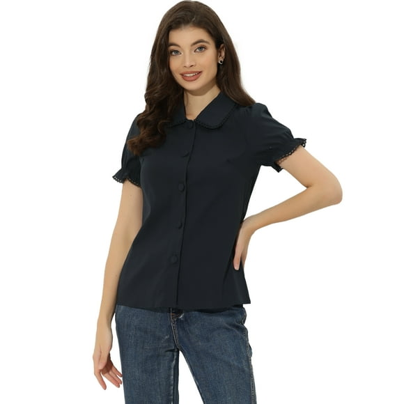 Top con cuello de mu?eca para mujer, camisa de manga corta con botones azul marino M