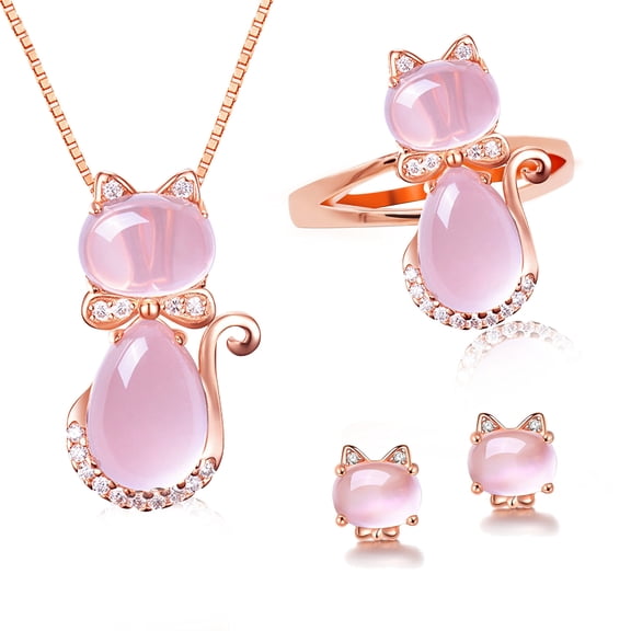 Uloveido Simulated Pink Opal Cat's Eye Stud Earrings Necklace Ring Rose Gold Plated Cute Cat Animal Jewelry Set ( Size 6) Y427