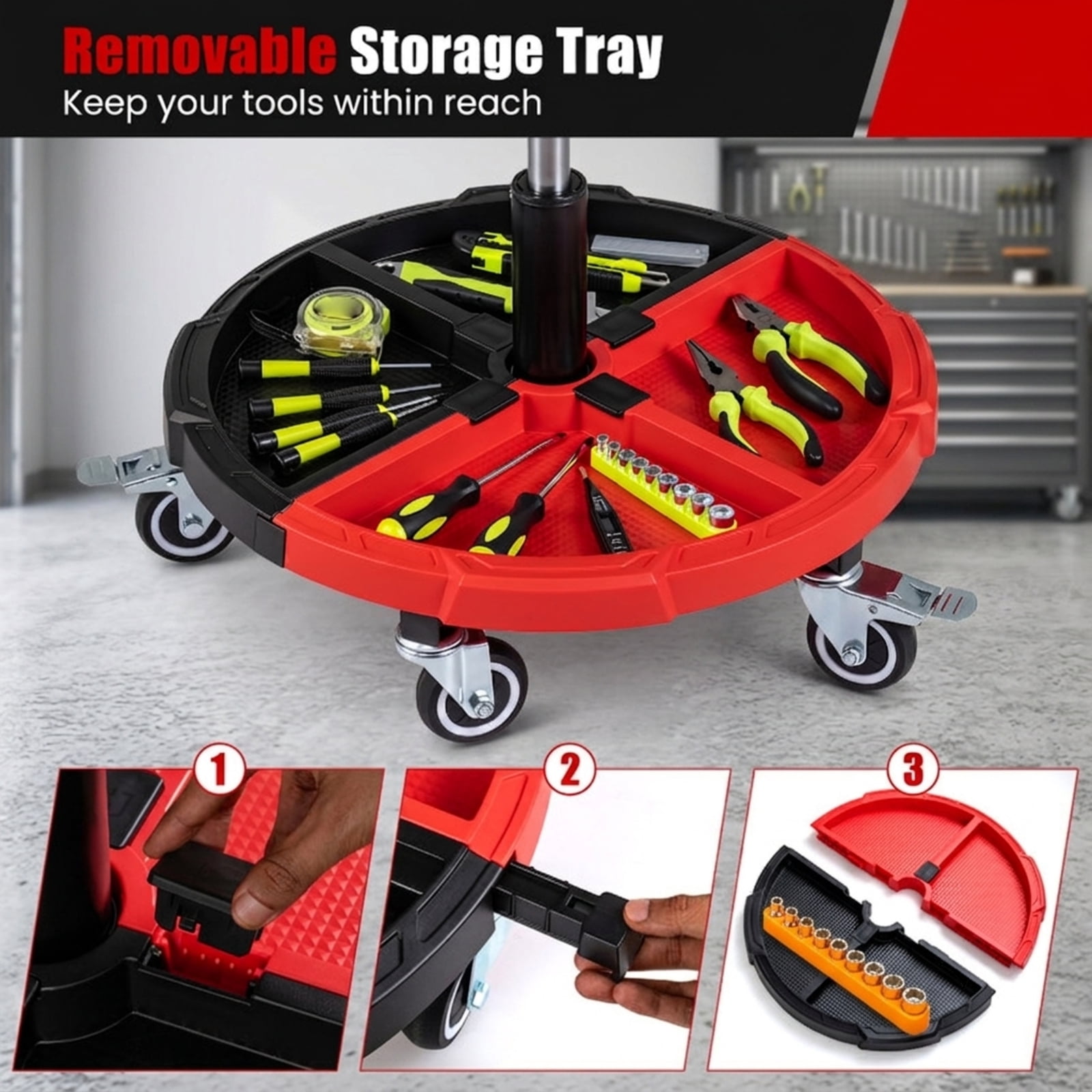 Biotree Rolling Mechanic Stool with Tool Tray for Garage Shop 26.5" x 21" x 12.5" Adjustable Height Shop Seat for Garage, Red