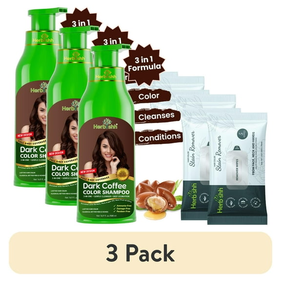 (3 pack) Herbishh Dark Coffee PPD-Free Hair Color Shampoo for Gray Hair with stain remover(2), Hair Dye Shampoo 3 in 1, 100% Gray Coverage, Permanent Hair Color for Men & Women, Ammonia-free, 500 ml
