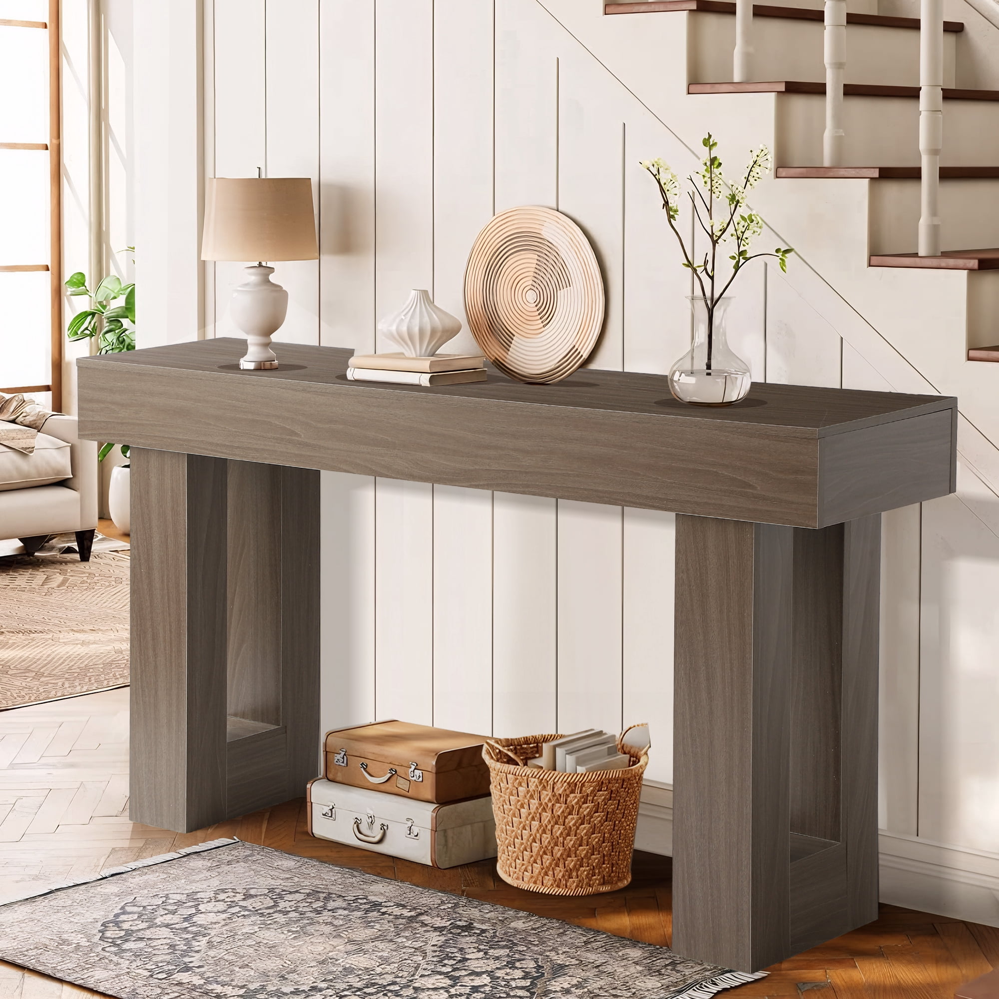 Haverchair 63" Long Entryway Console Table, Wooden Farmhouse Sofa Behind Couch Table with Thickened Base, Large Industrial Hallway Accent Furniture for Living Room, Entrance, Foyer, Hallway