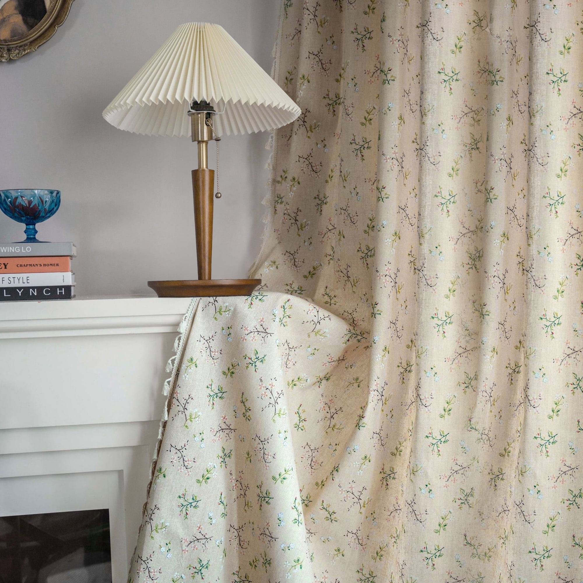TURKIO 2 Panel Farmhouse Floral Linen Semi- Blackout Curtains,84 inches, Beige,for Living Room