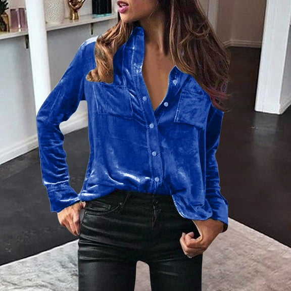 AXXD Womens Shirts Trendy Blue Basic Summer 2024 Ladies Round Neck Loose Tops Casual Print T-Shirts Long Sleeve Blouse