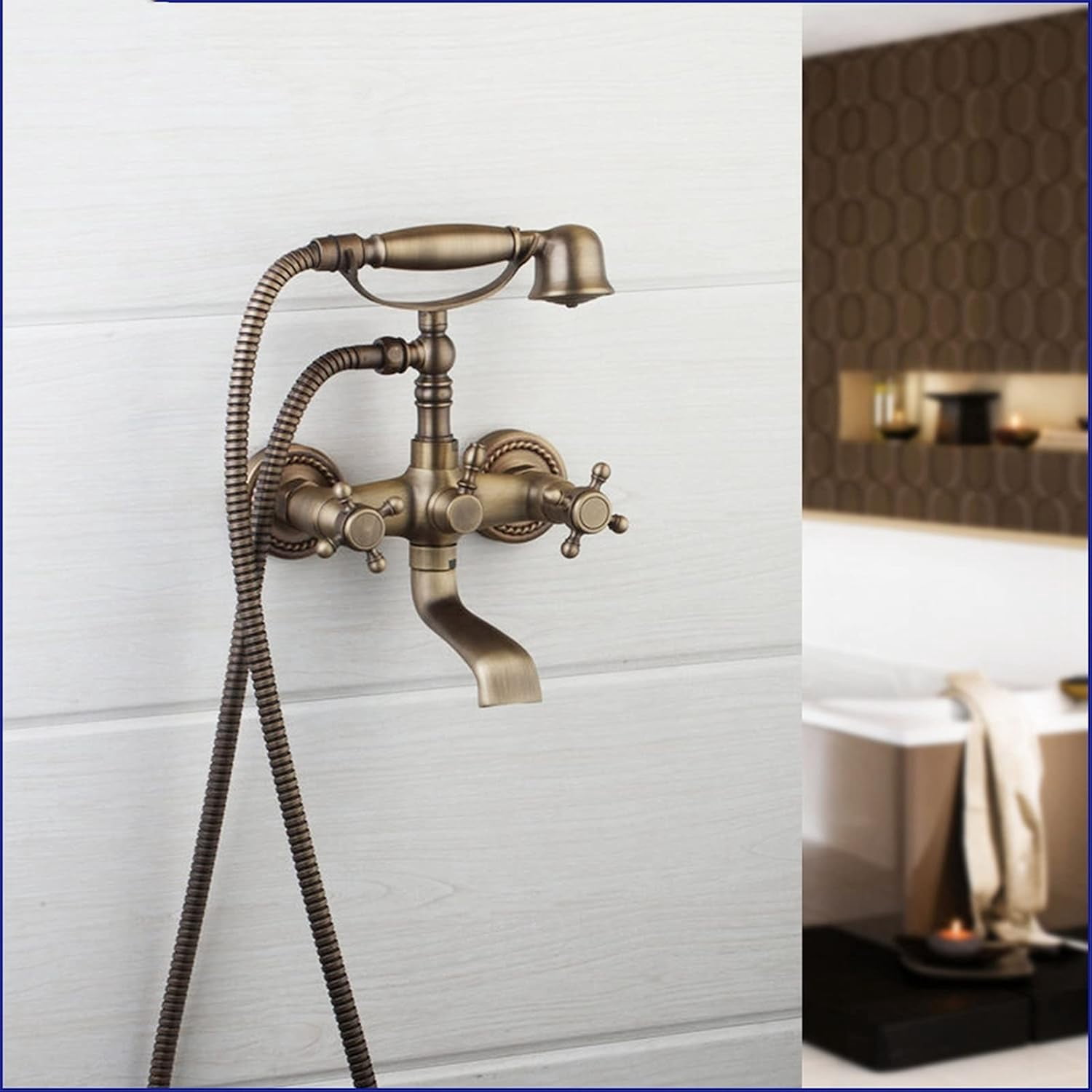 Vintage Wall Mount Antique Brass Bathtub Faucet with Hand Shower Sprayer, Bathroom Tub Faucet, Double Cross Handle Telephone Shaped Handheld Sprayer Shower Set