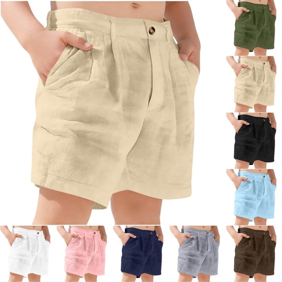 SGFCWSX Boys Casual Shorts Solid Color Linen Blend with Pockets Elastic Waist Summer Everyday Shorts for Kids Beige Size 9-10 Years