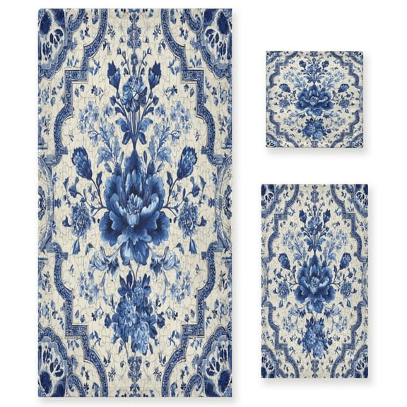 3 Piece Bath Towels Set Bath Towel, Hand Towel and Face Towel for Bathroom, Gym, Hotel Blue and White Porcelain-style