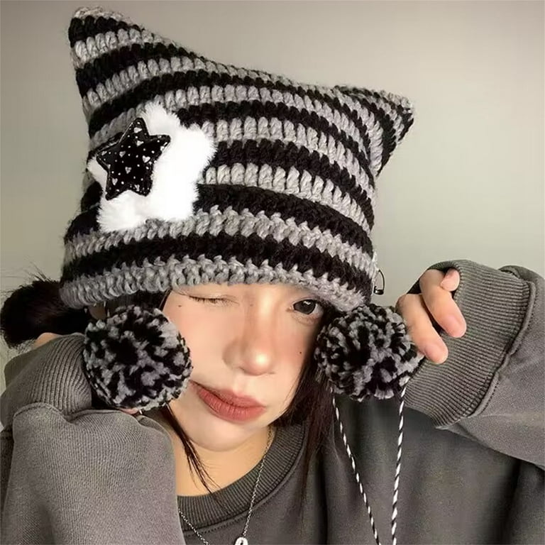 Crochet Knit Hats for Women Cute Cat Ear Star Grunge Goth Crochet Knit Hats for Women Cute Cat Ear Star Grunge Goth