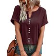 thumbnail image 1 of Bienvenido Verano Top Botón Delantero Manga Corta Cuello En V Transpirable Cómodo Casual Camiseta Rojo Oscuro XL, 1 of 7