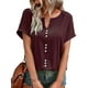 thumbnail image 1 of Camisa de verano roja oscura con botón delantero y comodidad transpirable, camiseta de manga corta con cuello en V en talla XL, 1 of 7