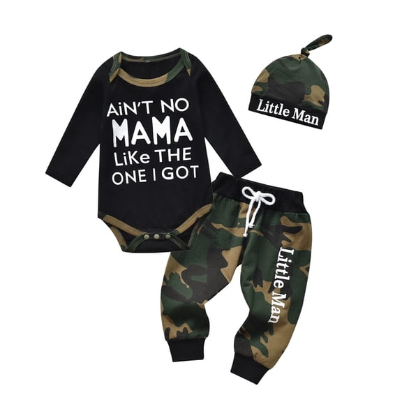 Newborn Baby Boy Clothes Letter Long Sleeve Romper Pants Hat 3PCS Outfits Set Black