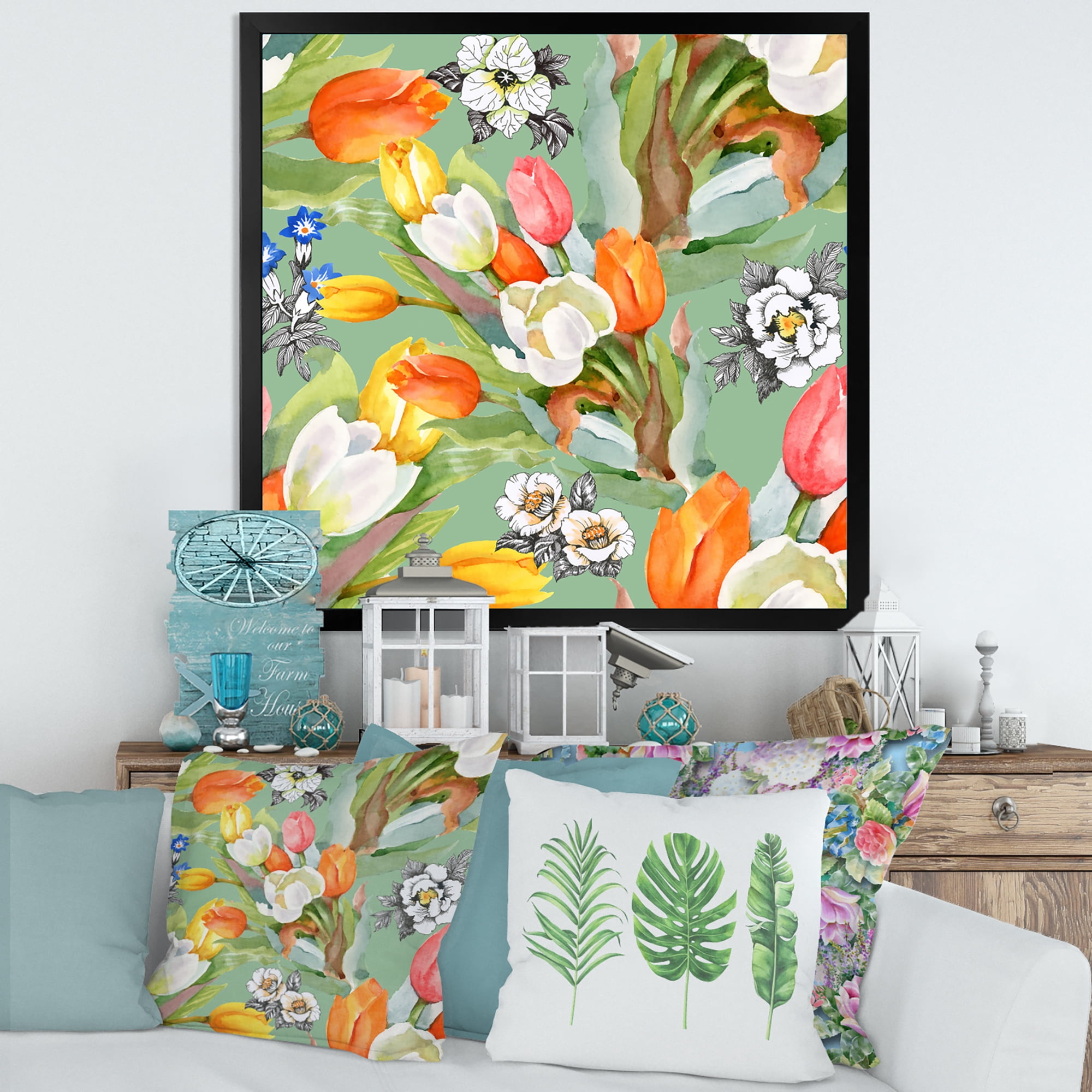 Designart 'Blooming Orange and White Tulips II' Traditional Framed Art Print