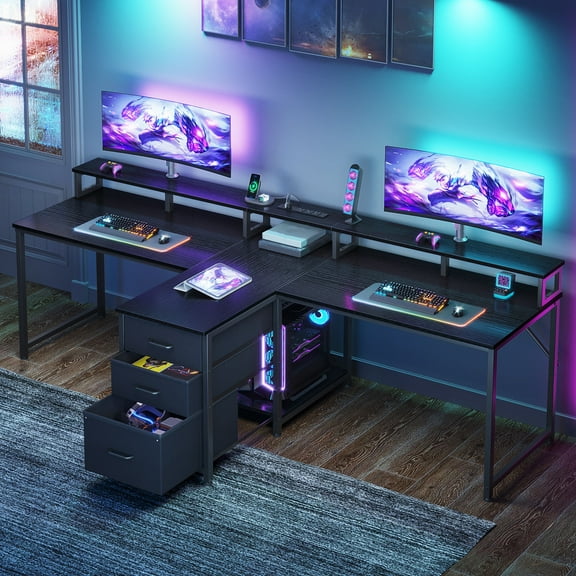 94 Inch Gaming Desk with Charging Station, Two Person Desk with 3 Fabric Drawers, Long Computer Desk for Home Office, Writing Study Table Workstation, Black